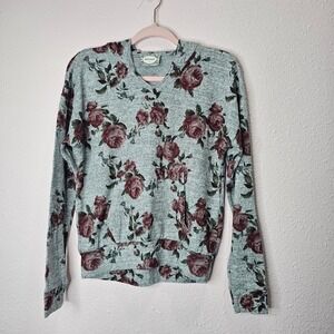 skonhet Womens Thin Sweater Floral Gray Rose Garden Hooded Pullover Pouch Size S